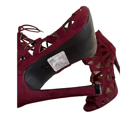 Qupid Burgundy Caged Suede Lace-Up Pumps - Picture 2 of 5